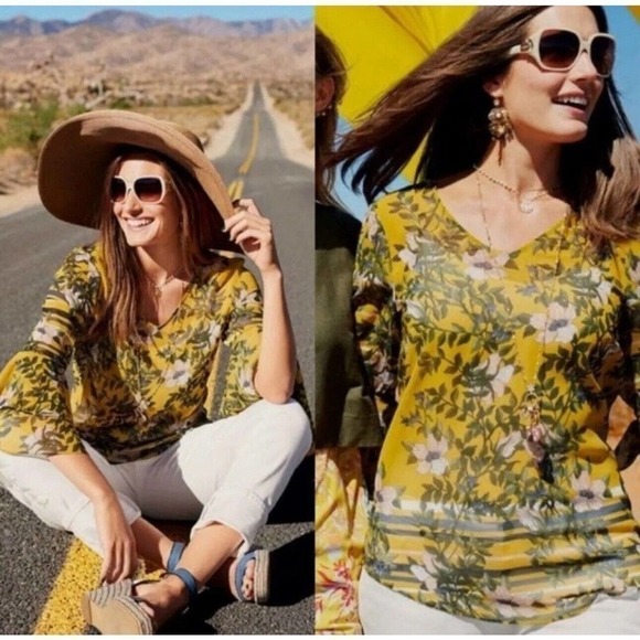 Cabi Spring Scene Yellow Floral Bell Sleeve Sheer Blouse Top, Size Small - Picture 2 of 12